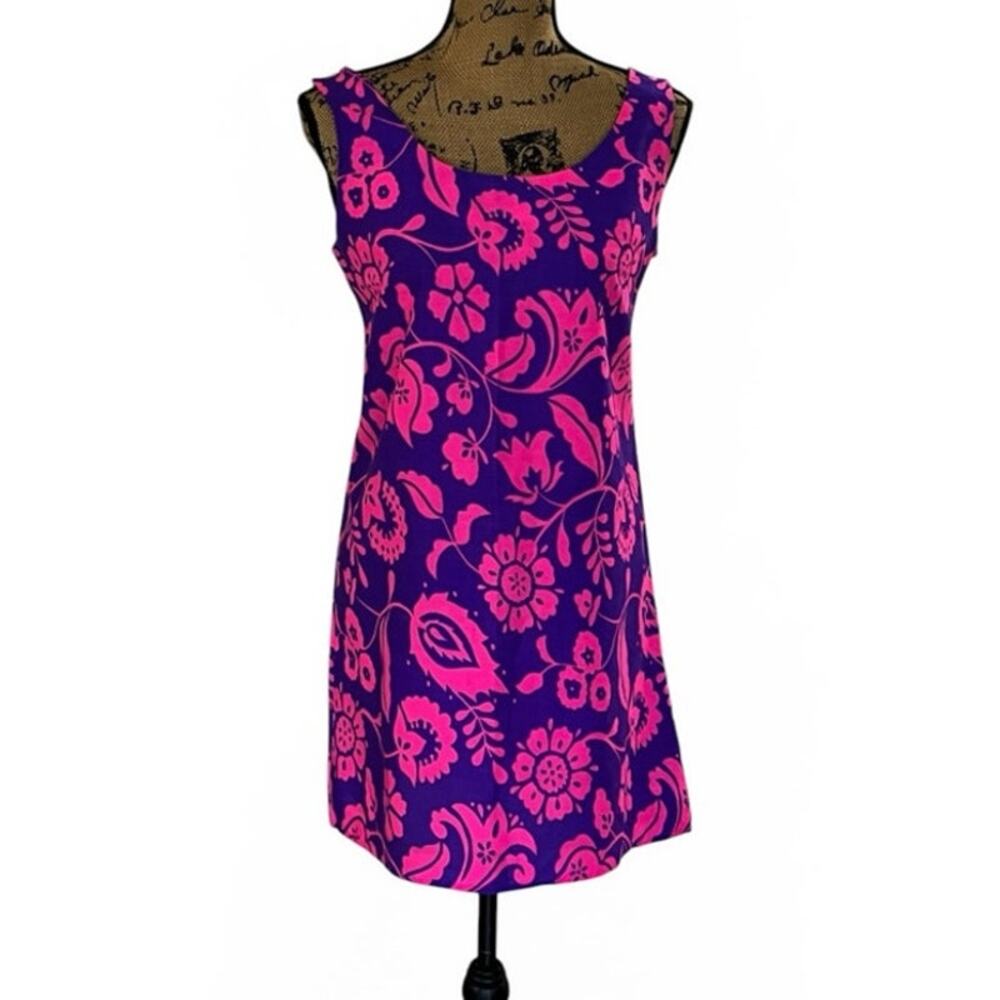 VTG 60s Mod Tahiti Imports Purple Pink Floral Sleeveless Mini Shift Dress S